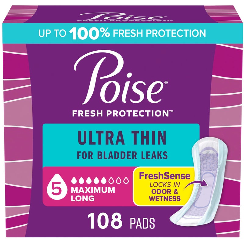 Poise Ultra Thin Incontinence Pads Postpartum Pads for Bladder Leaks 5 Drop Maximum Absorbency Long Length 108 Count Packaging May Vary